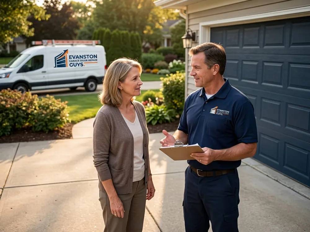Evanston Garage Door Repair Guys technician talking a homeowner through repair options beside the service van