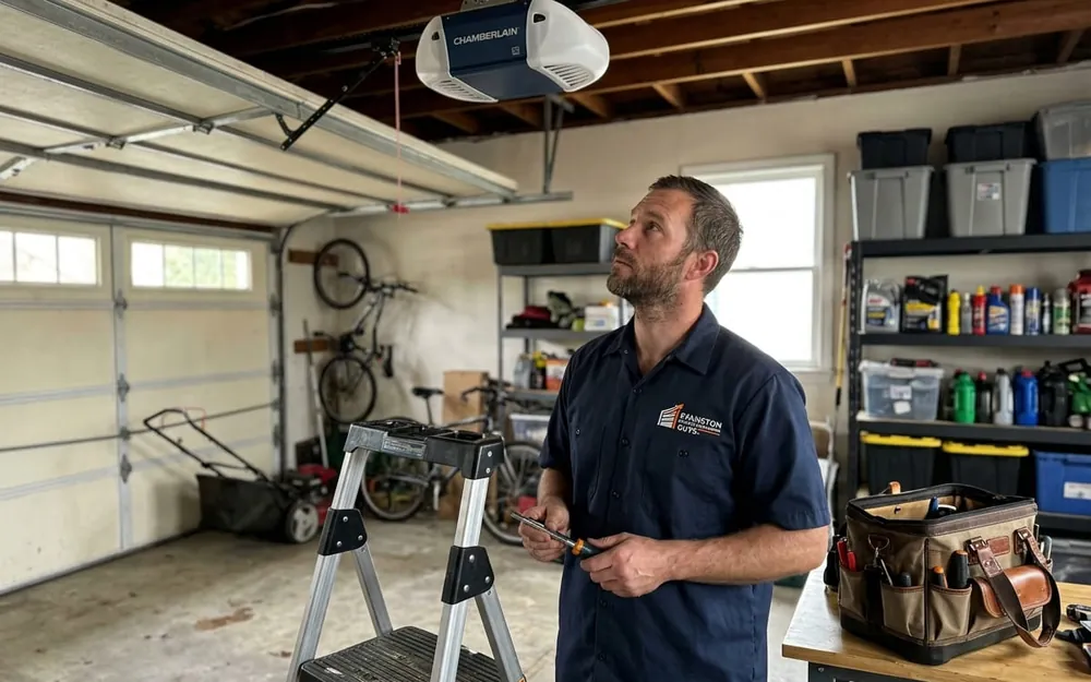 Technician mounting a garage door opener in a detached garage in Evanston, Illinois
