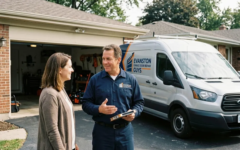 Garage door technician measuring an opening on an older Evanston home before a replacement