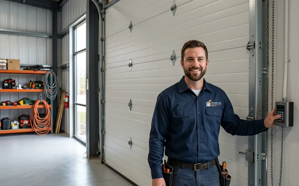 Installer fitting a pair of single-width garage doors on a North Shore home