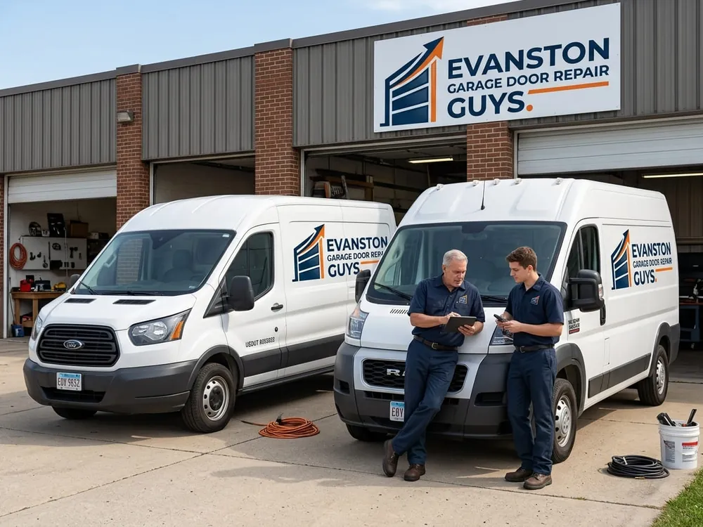 Service vans and ladders at the Evanston Garage Door Repair Guys shop yard on Brown Avenue