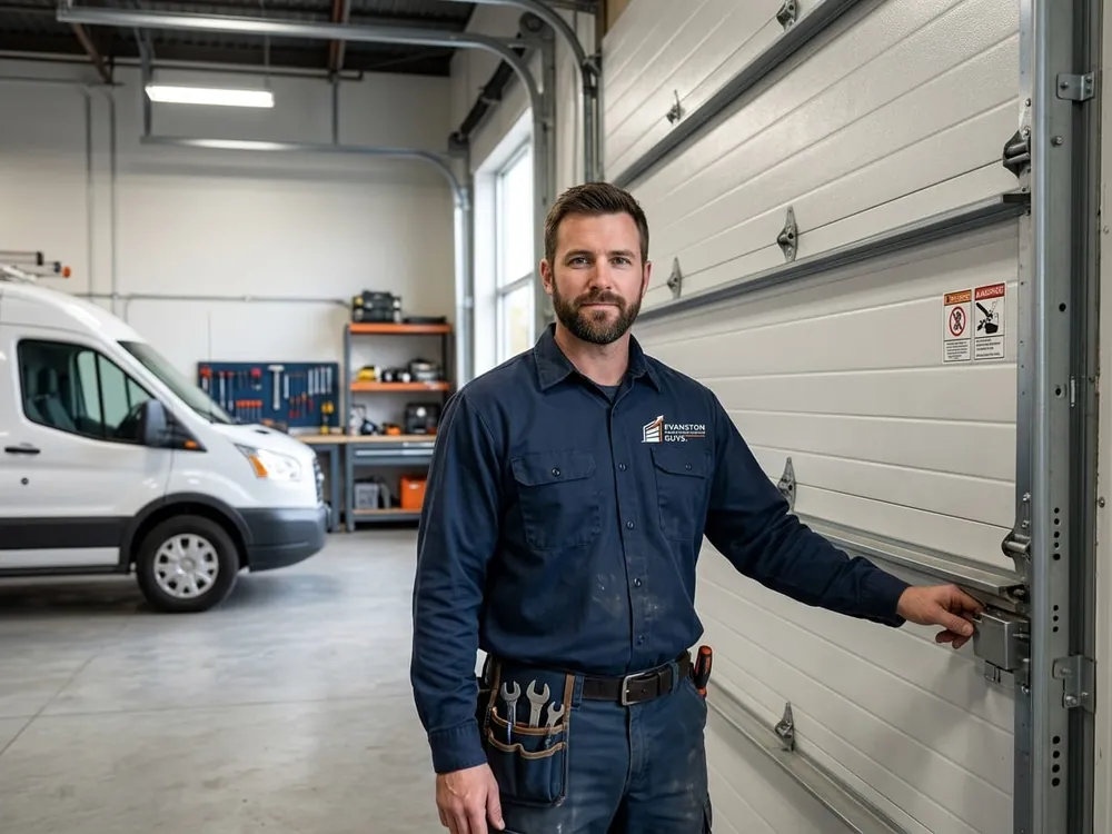 Evanston Garage Door Repair Guys technician with a job sheet beside the service van