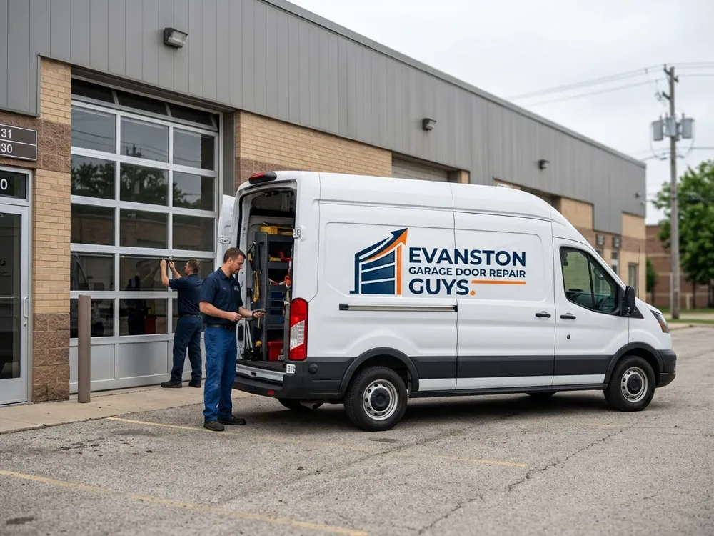 Commercial overhead door and gate operator being serviced at a downtown Evanston parking structure