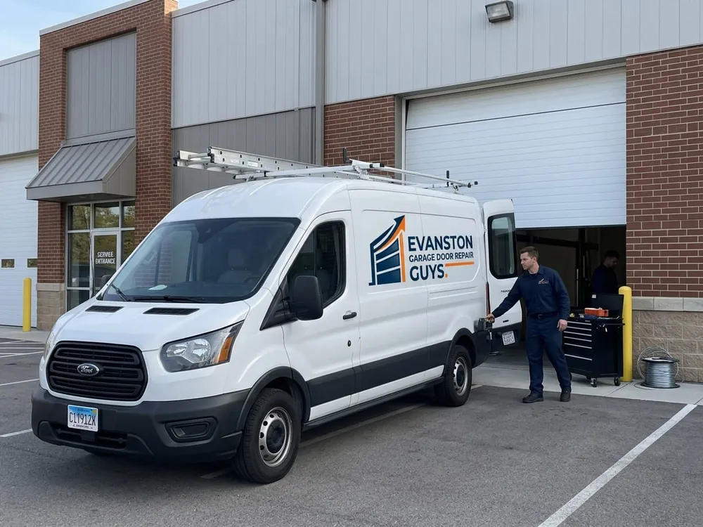 Technician servicing a multi-unit garage door behind a condo building in Edgewater, Chicago