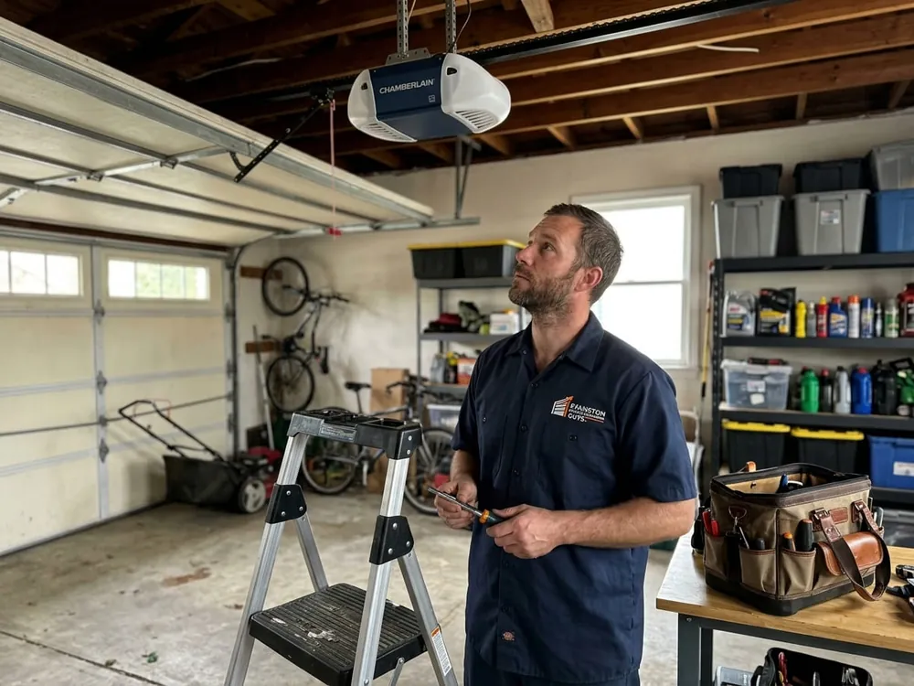 Technician demonstrating the manual release cord on a garage door opener at an Evanston garage