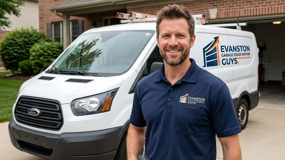 Garage conversions and ADUs in Evanston, IL Technician checking an insulated sectional door on a converted detached garage in Evanston