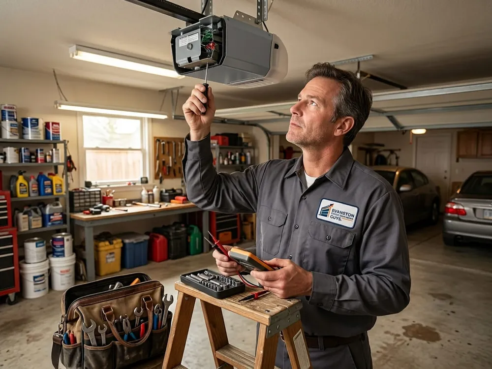 Technician mounting a jackshaft opener on the torsion shaft of a low-headroom garage in Evanston, Illinois