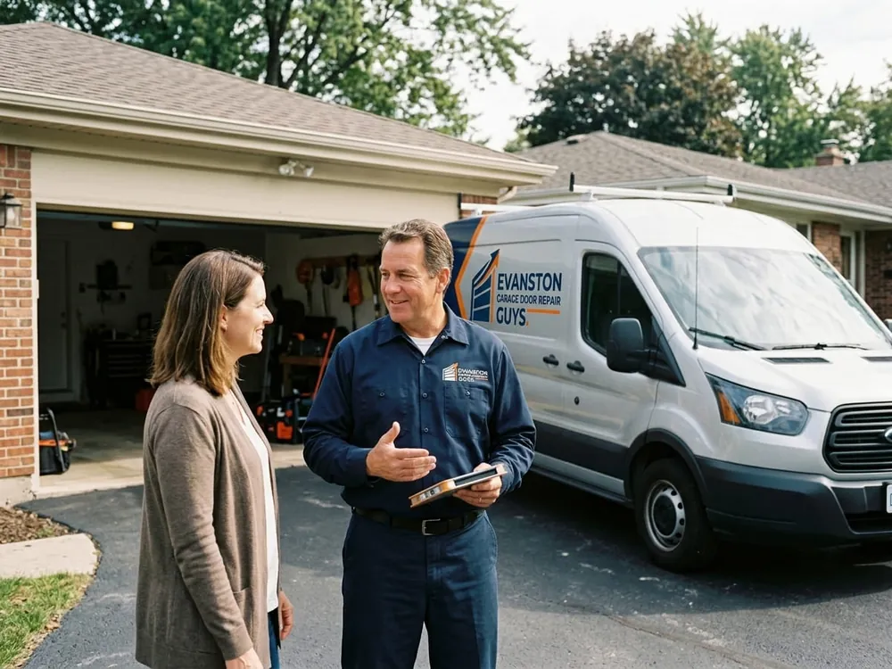 Technician showing an Evanston homeowner the completed garage door repair at their detached alley garage
