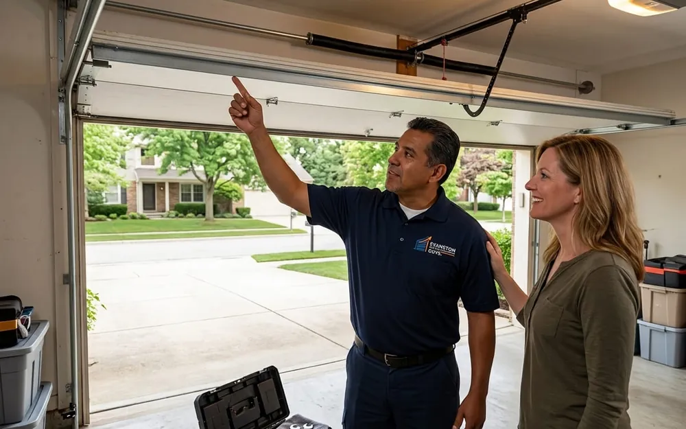 Technician measuring the headroom above a narrow garage door opening in an older Evanston garage