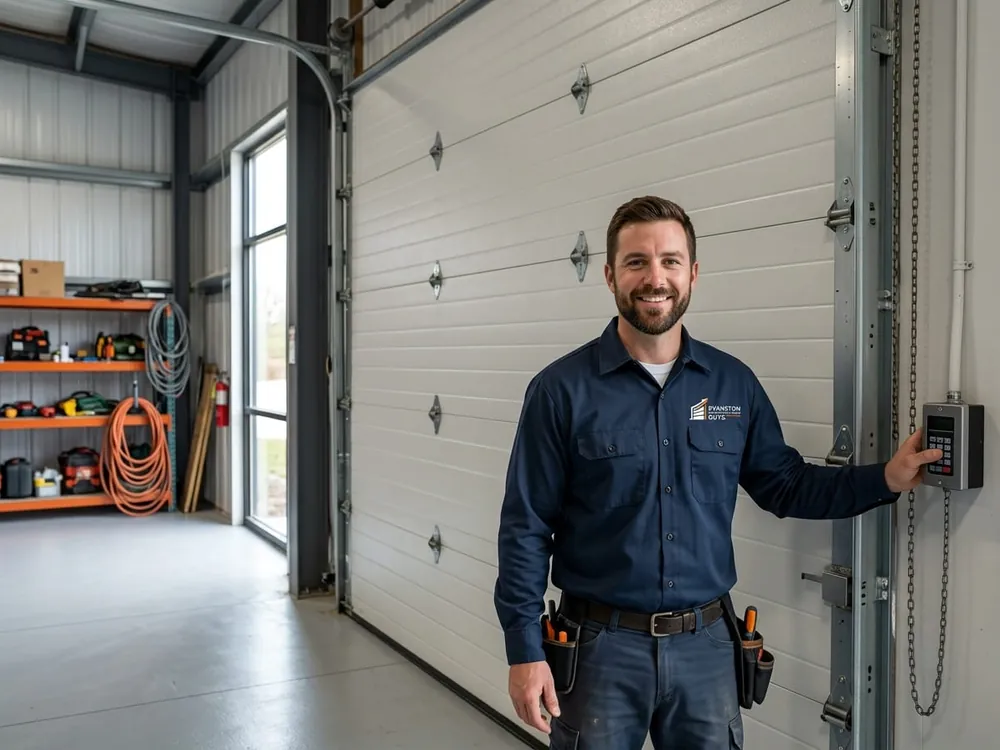Garage door installation in Kenilworth, Illinois Installer fitting a carriage-house style garage door at a Kenilworth property