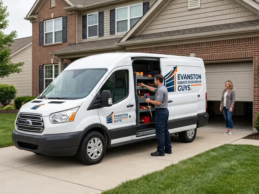 Technician measuring a garage door opening at a Lincolnwood, Illinois home