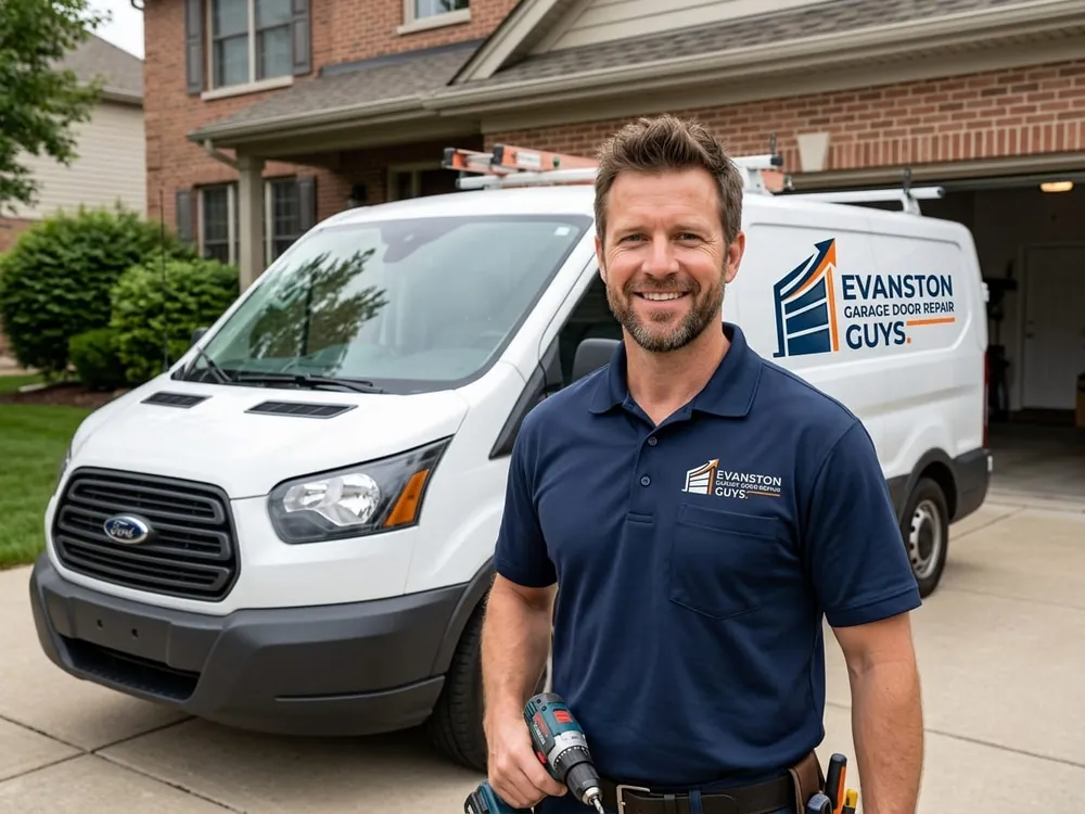 Technician fitting a torsion spring above a garage door opening in Niles, Illinois
