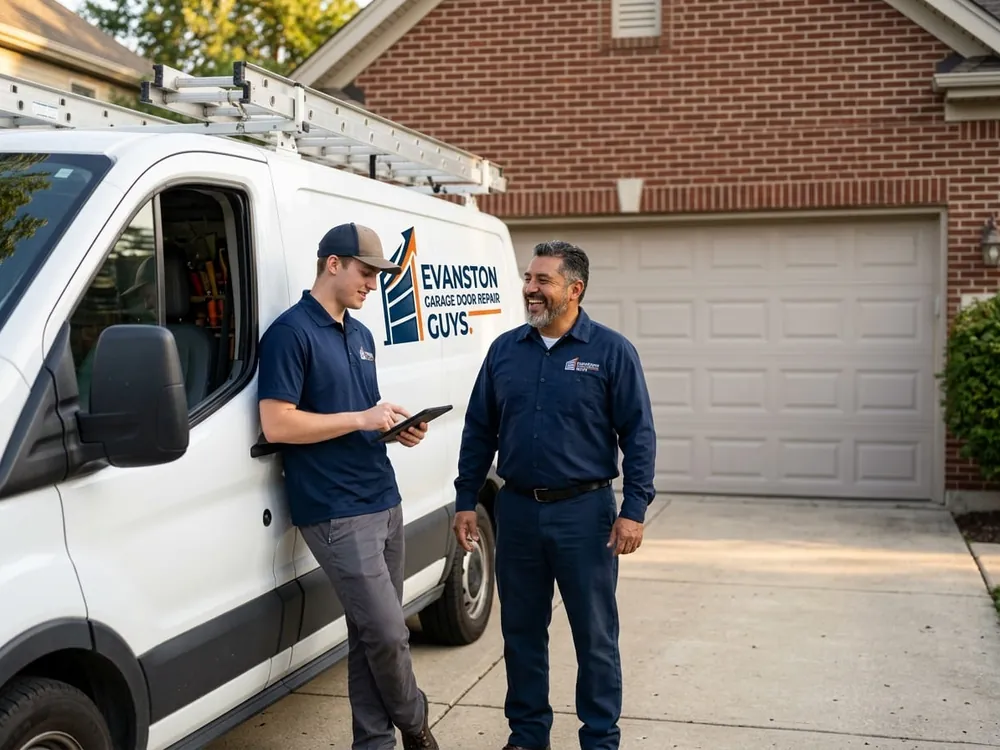 Technicians fitting a carriage-style garage door to a historic coach house in Northeast Evanston