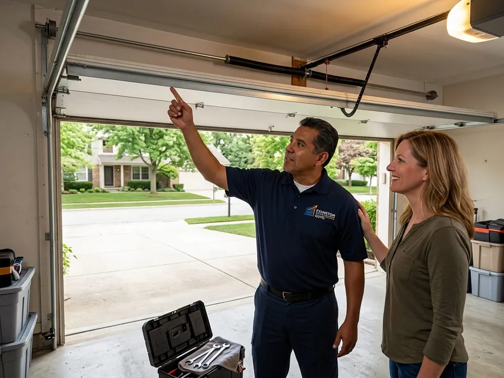 Garage door opener installation in Park Ridge, Illinois Technician installing a quiet belt-drive opener in an attached Park Ridge garage