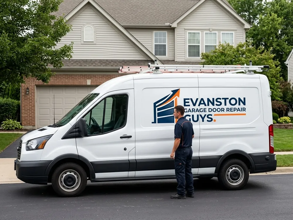 Detached alley garage with a single garage door being serviced in Evanston, Illinois