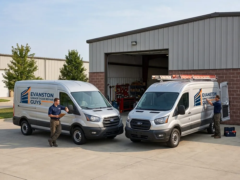 Service van parked on the street while a technician carries garage door parts to a rear alley garage in Evanston
